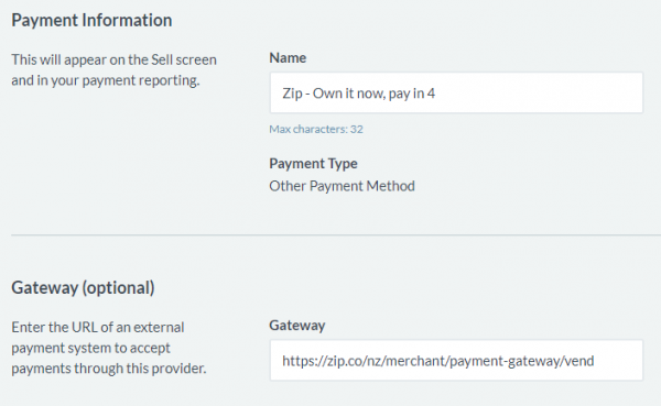vend payment method information